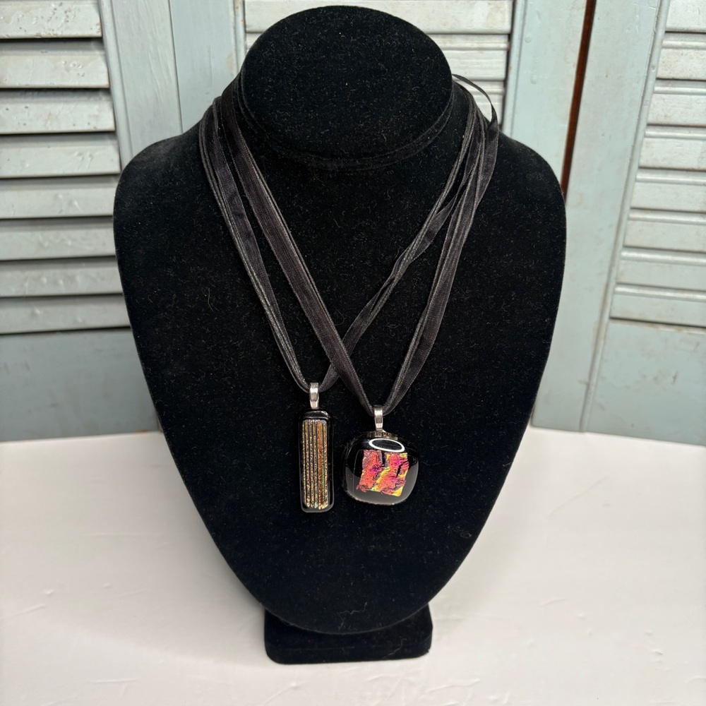Two Handmade Artist Signed Dichroic Glass Pendant Necklaces on Black Ribbon